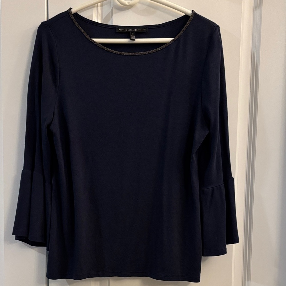 White House Black Market Dark Blue Blouse with Flared Sleeves